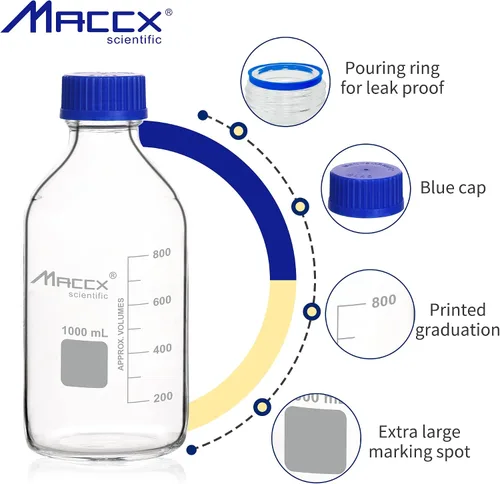 Vista 4 de Botellas redondas de vidrio de 34 onzas (33.8 fl oz), botella de vidrio de borosilicato resistente con tapa de rosca GL45, paquete de 2