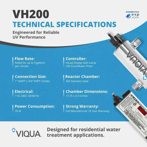 Vista 3 de VIQUA Sistema de agua ultravioleta de acero inoxidable VH200 Home - 9 GPM 35W