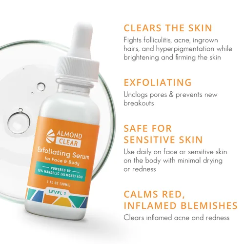 Vista 2 de Almond Clear Suero de nivel 1 Suero facial de ácido mandélico para acné, foliculitis, piel envejecida, pelos encarnados, manchas oscuras