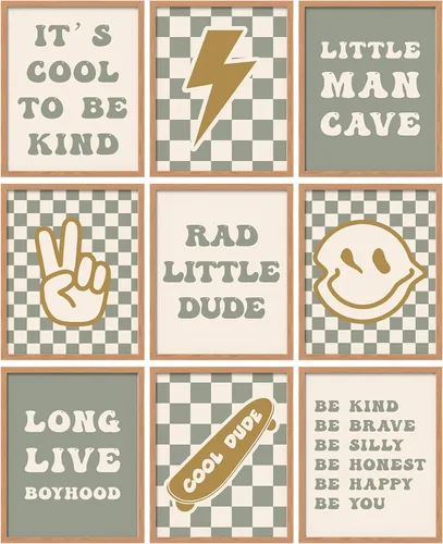 Vista 8 de Eersida 9 carteles retro a cuadros con diseño de relámpago de la paz, larga vida de la infancia, Rad Little Dude para niños, regalos para habitación