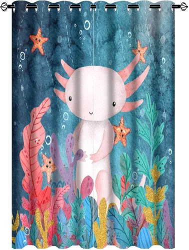 Vista 43 de Cortinas abstractas de ajolote con diseño de galaxia colorida y peces, con aislamiento térmico, oscurecimiento de habitación completa, para sala