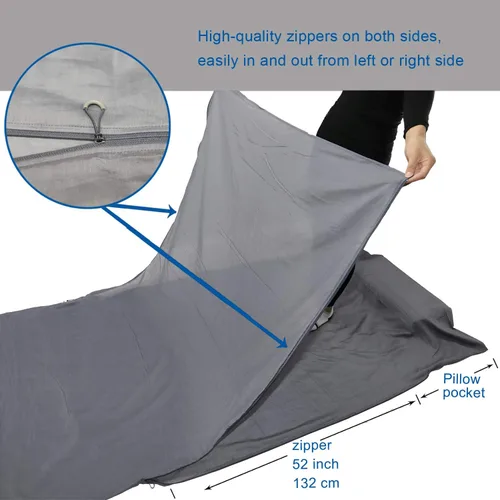 Vista 2 de Browint Sábana de viaje de seda/algodón con cremalleras dobles, saco de dormir extra ancho de 87 x 43 pulgadas para hoteles, forro de saco de dormir