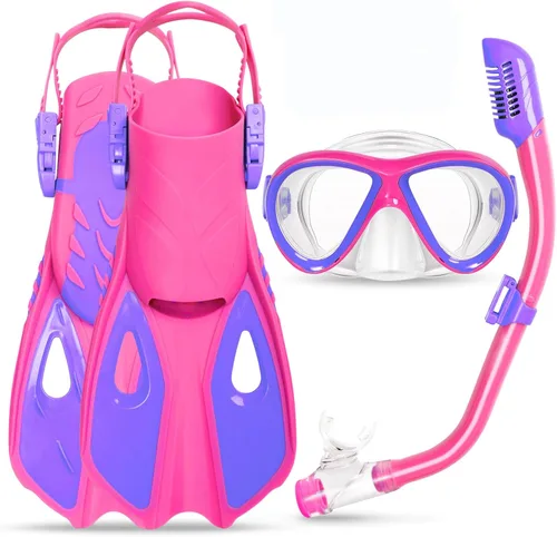 Vista 9 de Snorkeling Gear for Kids Ages 5-15, 4 in 1 Mask Fins Snorkel Set with HD Tempered Glass Panoramic View Anti-Fog Mask, Dry Top Snorkel, Adjustable
