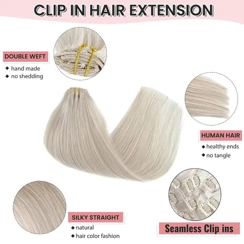 Vista 3 de Extensiones de cabello humano real Remy con clip, color blanco hielo, extensiones de cabello humano natural con clip, 12 pulgadas, 7 piezas, 2.47 oz