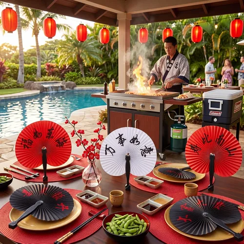 Vista 4 de Jetec 5 abanicos de mano plegables chinos, abanicos de mano de papel japonés oriental para decoración de fiestas de boda, juego de fanáticos