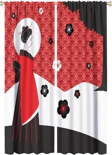 Vista 19 de Cortinas de estilo japonés, Kyoto Geisha Girls Asian Ink Painting - Cortinas de tela de poliéster con estampado de Japón antiguo para dormitorio