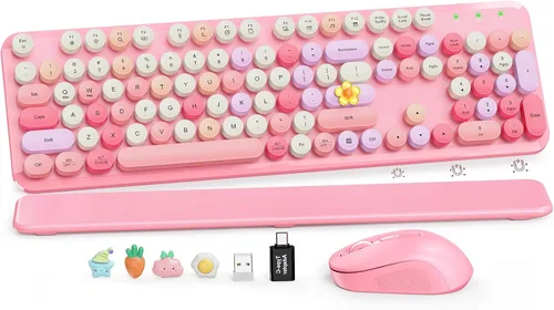 Vista 26 de Combo de teclado y mouse inalámbricos, teclado retro con teclas redondas, teclado estilo máquina de escribir de tamaño completo con reposamuñecas