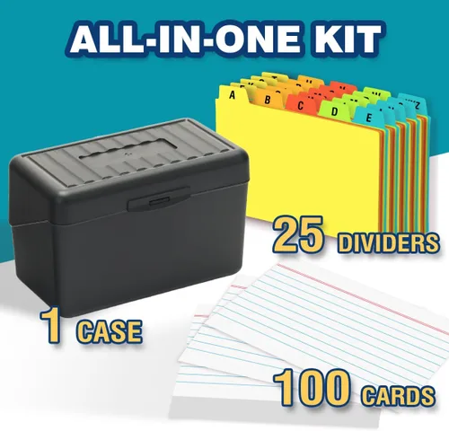 Vista 2 de H4D Tarjetero de índice de 3 x 5 con 100 tarjetas de índice a rayas pesadas y 25 divisores de plástico, color negro 3x5 Inch Plastic Box