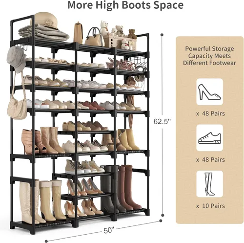 Vista 3 de Zapatero alto organizador de 9 niveles, 50 a 55 pares, zapatero grande para armario, entrada, garaje, almacenamiento grande de zapatos con ganchos
