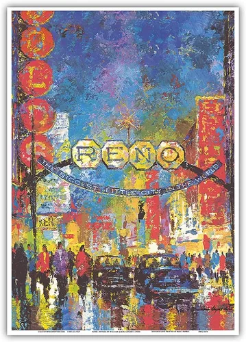 Vista 11 de Reno Nevada - The Biggest Little City in the World - Casinos - Vintage Travel Poster by Jack Laycox c.1980s - Master Art Print (Unframed) 6in x 9in