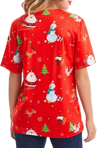 Vista 6 de SATINIOR Camisetas médicas navideñas para mujer, color rojo, con cuello navideño