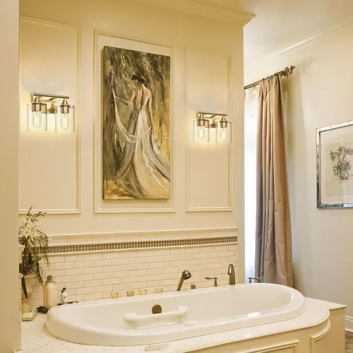 Vista 3 de Luces de Tocador Doradas para Baño, Accesorios de Iluminación de Baño de 2 Luces, Aplique de Pared de Latón Cepillado Dorado, Lámpara de Pared