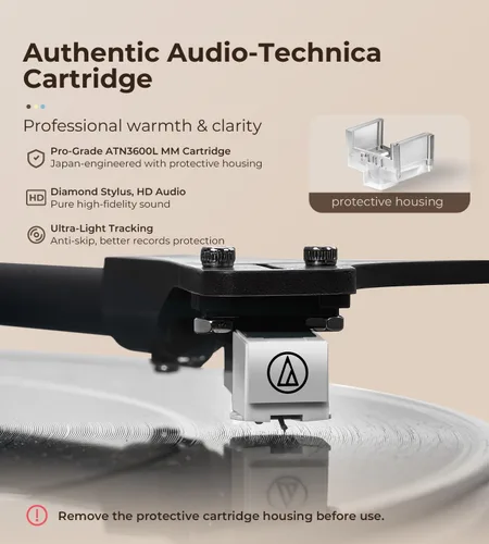 Vista 2 de Vangoa Tocadiscos de vinilo con altavoces estéreo de 40 W, cartucho magnético AT-3600L, placa de aluminio, luz azul, tocadiscos Bluetooth moderno