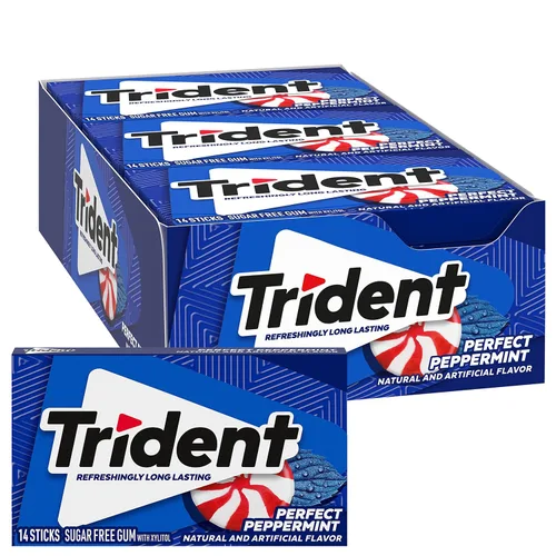Vista 25 de 12 paquetes de 14 unidades cada uno; es decir, en total son 168 unidades de goma de mascar Trident Bubblegum sin azúcar sabor chicle. Accesorios