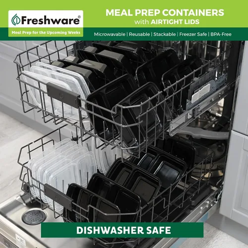 Vista 7 de Freshware Contenedores de preparación de comidas [paquete de 50] 2 compartimentos con tapas, contenedores de almacenamiento de alimentos, caja
