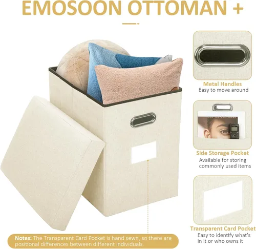 Vista 4 de Otomana alta con almacenamiento plegable de tela, otomana plegable pequeña y delgada con tapa y manijas para habitación, reposapiés, taburete