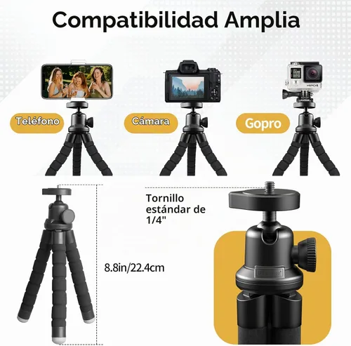 Vista 4 de Trípode de teléfono para iPhone, mini soporte flexible con control remoto