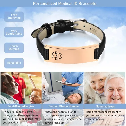 Vista 40 de MPRAINBOW Pulsera de alerta médica personalizada para mujer, correa de reloj de cuero genuino, grabado de doble cara, diabetes, epilepsia, joyería