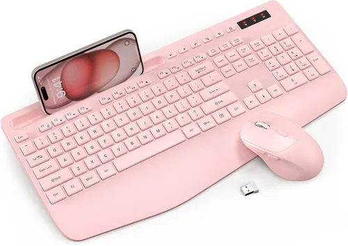 Vista 15 de Combo de teclado y mouse inalámbrico - Teclado ergonómico de tamaño completo con reposabrazos, soporte para teléfono, modo de suspensión, combo