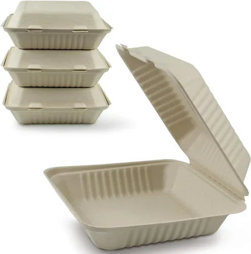 Vista 8 de Green Earth, 6 pulgadas, 125 unidades, almeja compostable de hamburguesa acanalada, BAM ware (fibra de bambú), cajas de comida para llevar