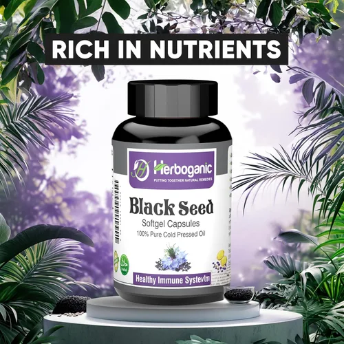 Vista 7 de HERBOGANIC Cápsulas blandas de aceite negro prensado en frío, 90 unidades, mezcladas con otros productos herbarios, apoya la salud general
