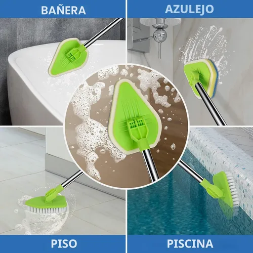 Vista 7 de Cepillo de Limpieza de Fregado 2 en 1 con mango extensible de 37 pulgadas de largo, 1 cerdas rígidas y 3 cepillos de esponja, limpiador de ducha