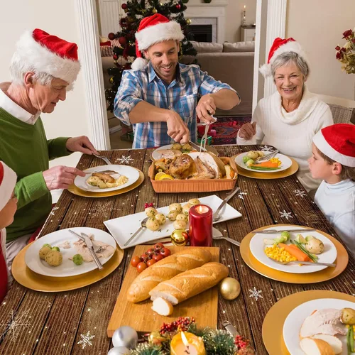 Vista 5 de Paquete de 3 manteles navideños con veta de madera marrón, cubremesas de plástico de madera con brillantina dorada de copos de nieve navideños