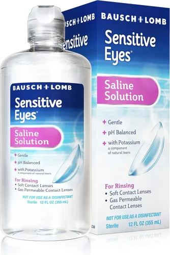 Vista 2 de Bausch + Lomb Solución salina para ojos sensibles, enjuague diario suave para lentes de contacto suaves y permeables a los gases, con potasio, 12