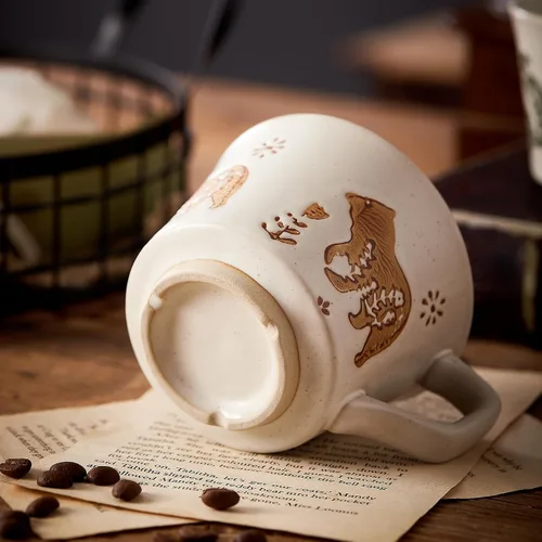 Vista 5 de Juego de 4 tazas de café de cerámica vintage de 12 onzas - Hechas a mano de gres cerámico de campo, estilo granja, para té de otoño con gran asa