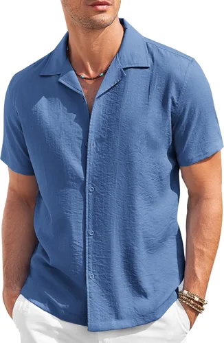 Vista 10 de COOFANDY Camisa casual con botones para hombre, manga corta, texturizada, para verano, para playa cubana