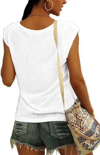 Vista 2 de Langwyqu - Camiseta de manga casquillo para mujer, blusas estilo informal, holgadas y básicas
