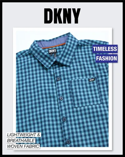 Vista 3 de DKNY Camisa de vestir clásica de manga corta con botones para niño, para la escuela, vacaciones y vacaciones (tallas 4-20)