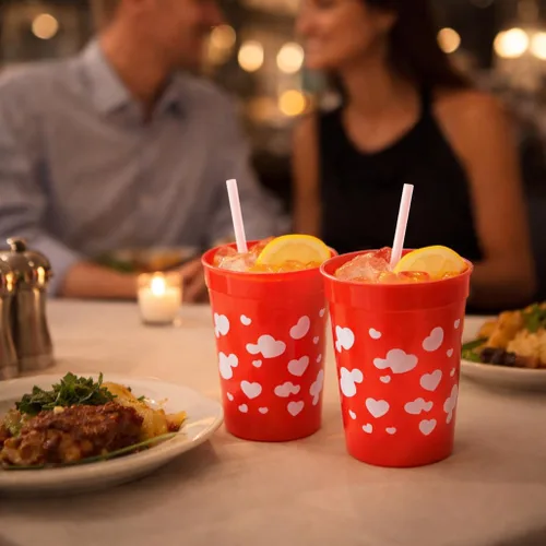 Vista 6 de 4E's Novelty Vasos reutilizables de plástico para el día de San Valentín para niños, 8 onzas, paquete de 12, vasos rojos con corazones, suministros