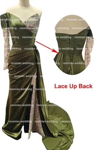 Vista 2 de Vestidos de fiesta de sirena con abertura, largos 2023, de un hombro, de satén, lentejuelas, vestidos de noche formales con mangas