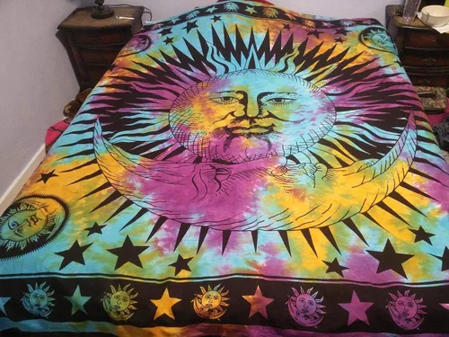 Vista 3 de Popular Handicrafts Tapiz para colgar en la pared, diseño hippie, sol, luna, bohemio, hippie, psicodélico, indio, tapices, colcha, 84 x 90 pulgadas
