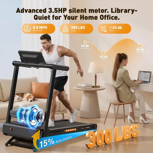 Vista 3 de JAGJOG Treadmill for Home with 15% Auto Incline, 3.5HP Quiet Foldable Treadmill, 12 HIIT Programs, 14.96" Wide LED Touchscreen, Smart App & Heart