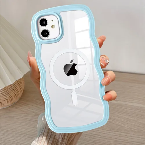 Vista 18 de QLTYPRI Funda magnética para iPhone 11 compatible con Magsafe, bonita funda transparente con marco de onda rizada para niñas y mujeres, parachoques