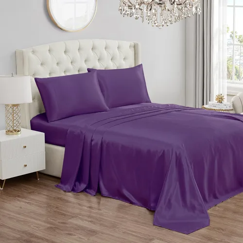 Vista 27 de Juicy Couture Juego de sábanas de satén de tamaño individual, juego de sábanas sedosas de bolsillo profundo con 1 sábana bajera, 1 sábana encimera