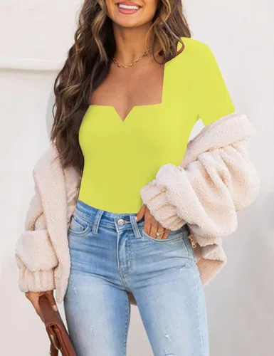Vista 3 de Chunpin Enterizo de manga larga con cuello cuadrado y muesca, con cuello en V para mujer