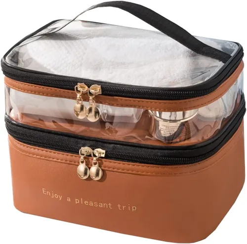 Vista 5 de Bolsa de maquillaje de viaje, impermeable, doble capa, bolsa de cosméticos, bolsa de almacenamiento de gran capacidad para viajar (negro)