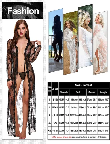 Vista 6 de Lencería para mujer sexy, largo vestido de encaje transparente vestido transparente de bata Kimono