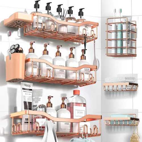 Vista 15 de NESOMI Organizador de Ducha Adhesivo Juego de 7 Piezas, Estantes de Baño de Acero Inoxidable a Prueba de Óxido, Accesorios de Almacenamiento sin