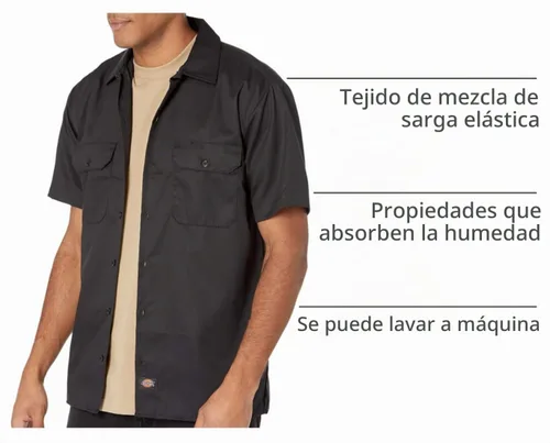 Vista 4 de Dickies Camisa de trabajo flexible de manga corta para hombre - Camisa con botones para mecánica y construcción, sarga duradera Negro V1