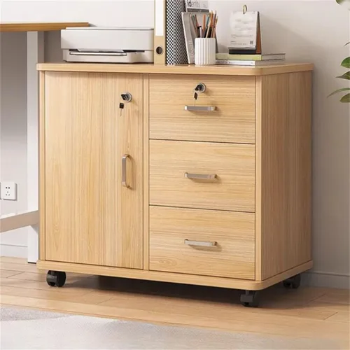 Vista 7 de Archivador de madera con cierre suave, cerradura de llave + ruedas enrollables con cerradura, escritorio de almacenamiento de documentos lateral