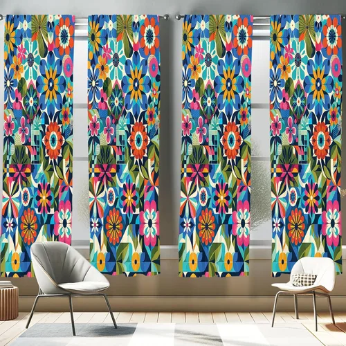 Vista 7 de Ambesonne Paquete de 2 cortinas para ventana con estampado de hojas, arte botánico con hojas, mosaico, detalles cuadrados cúbicos, naturaleza