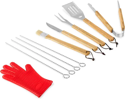 Vista 7 de Makerflo Juego de accesorios para parrilla de barbacoa, caja de herramientas de madera de arce, utensilios de acero inoxidable con guantes, kit