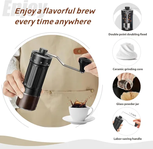 Vista 7 de Molinillo de café manual, 40 ajustes externos ajustables, molinillo de grano de café de cerámica cónica portátil, molinillo de café de manivela