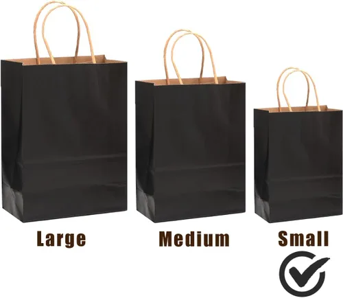 Vista 4 de qiqee Paquete de 26 bolsas de regalo negras con asas a granel de 8.3 x 3 x 6 pulgadas, bolsas de papel kraft de tamaño pequeño para fiestas