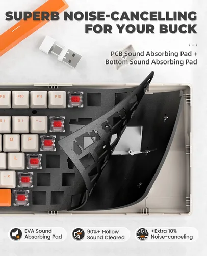 Vista 5 de MAGIC-REFINER Teclado mecánico inalámbrico RK96, modo dual 2.4GBT5.0 receptor 2 en 1, 100 teclas intercambiables en caliente, interruptores rojos