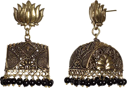Vista 2 de DESI HAWKER Pendientes Oro Oxidizado Bali Jhumki Jhumka Joyería Bollywood Gota Colgante Pushback Big Chandelier Lotus Doli NI-59